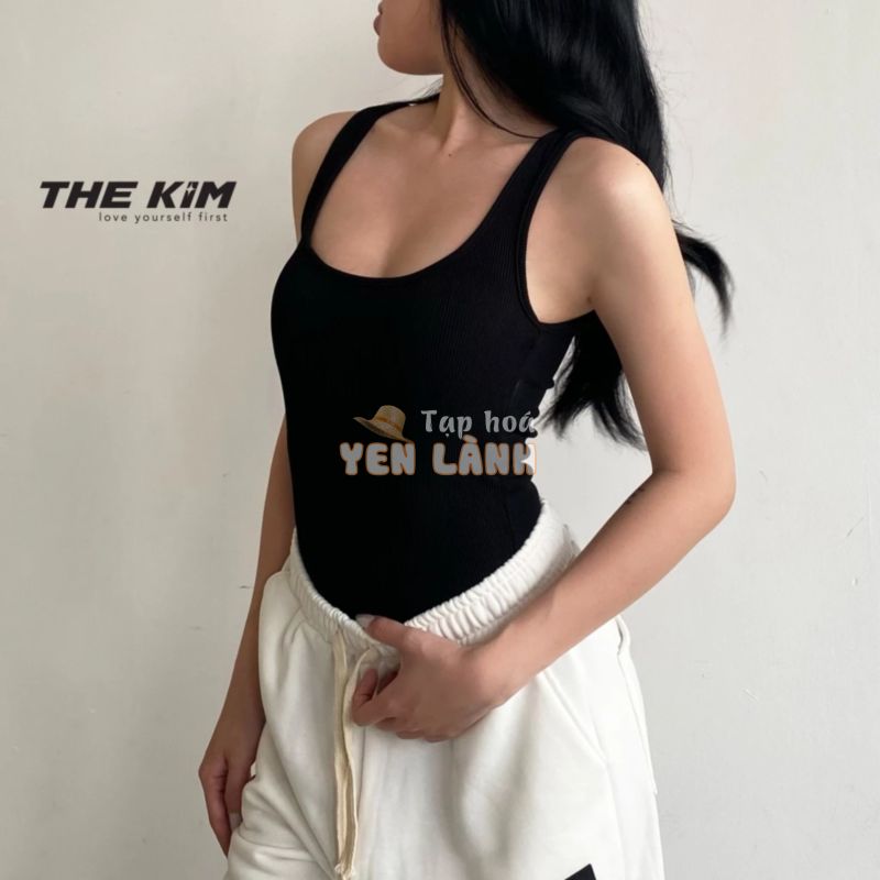 Áo thun tăm 2 dây bản to cổ U dáng dài sơ vin ( không mút ngực ) THE KIM , áo hai dây ôm body A109