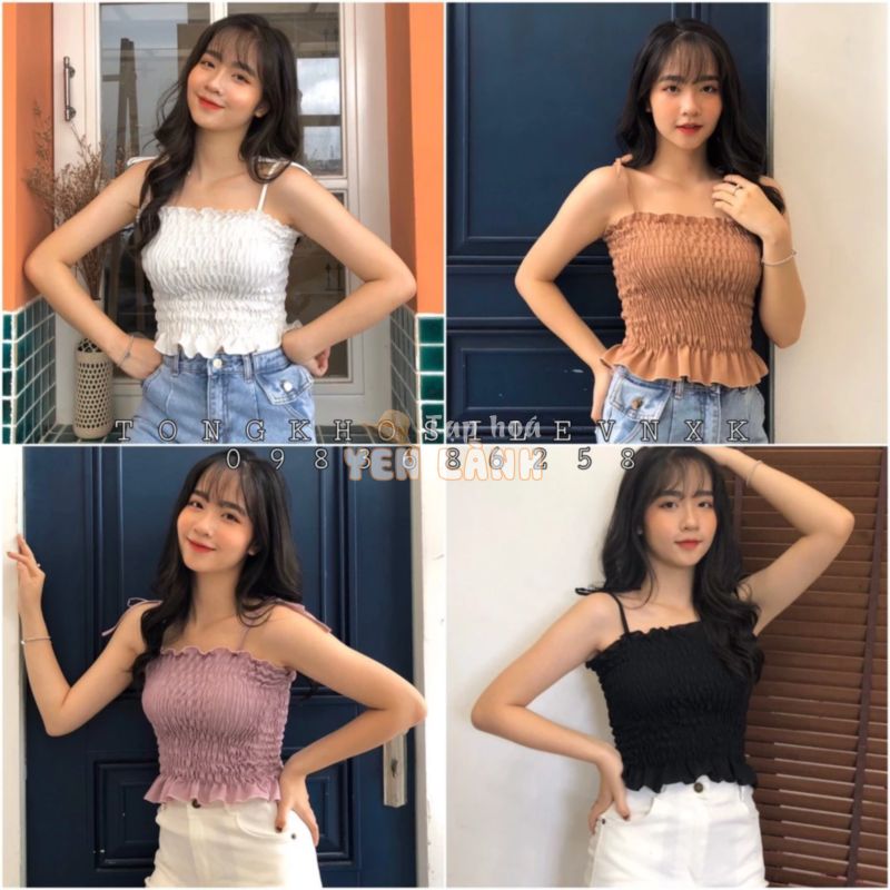 ÁO 2 DÂY NHÚN BÈO BUỘC NƠ ULZZANG ĐEN TRẮNG TÍM NÂU – ÁO CROPTOP HAI DÂY THẮT NƠ HOT