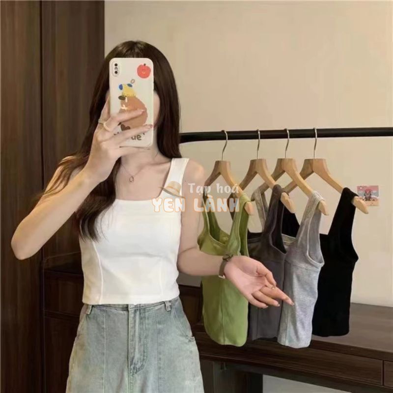 Áo 2 dây nữ, Áo cổ vuông croptop CÓ MÚT NGỰC,Camisole Dây đeo vai đàn hồi chống trượt cúp cố định một mảnh