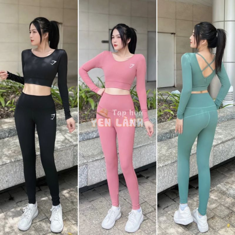 Bộ Tập Gym Yoga Nữ Dài Tay 2 Dây Chéo Lưng Set Tập Gym Nữ Mùa Đông Quần Dài Áo Croptop Tay Dài Co Kèm Sẵn Mút- D14