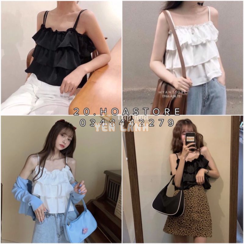 Áo 2 Dây Tầng Bồng Croptop Viền – Áo Kiểu Sakura Top Hai Dây Màu Trắng Đen Thân Xếp Bèo