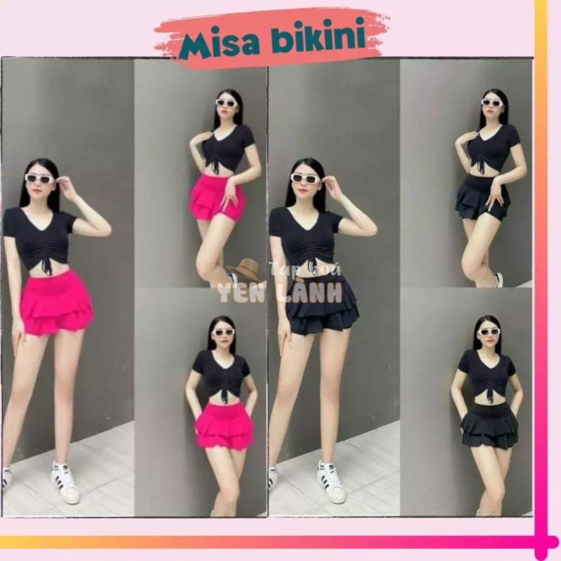 Đồ bơi nữ kín đáo bikini đi biển 2 mảnh bộ đồ bơi áo rút dây váy xòe 2 tầng cạp cao che bụng Ms07