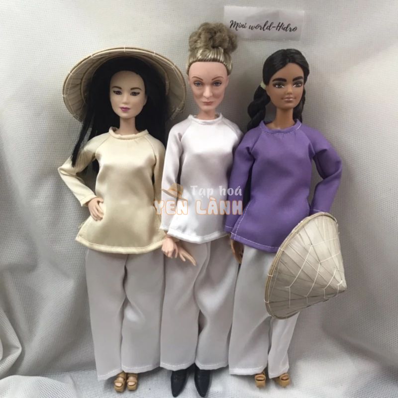 Mô hình set quần Áo bà ba truyền thống Việt Nam nón lá mini cho búp bê Barbie