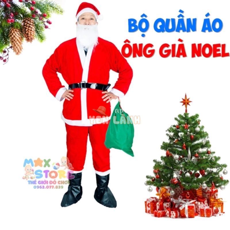 Bộ quần áo ông già Noel,bà già noel, váy noel, bộ trang phục noel người lớn (cỡ 48-90kg) 7 chi tiết