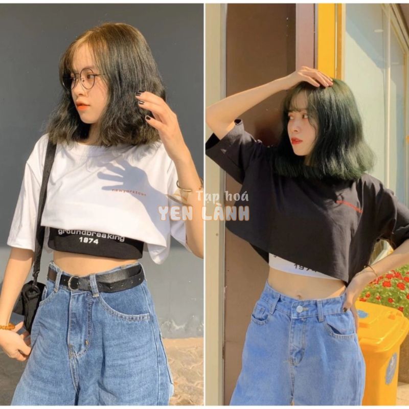 Set áo ba lỗ đen thun lụa kèm áo croptop form rộng xinh xắn cá tính xinh