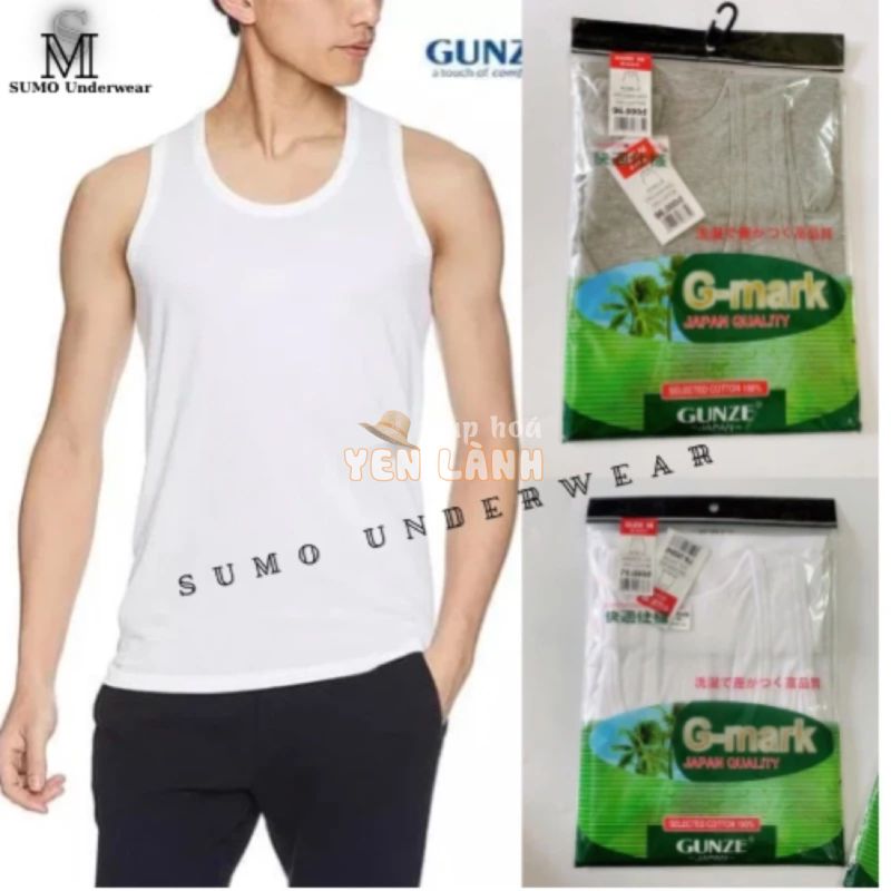 Áo ba lỗ nam gmark ( gunze), dệt 100% cotton, không đường may cạnh sườn. Màu trắng/ghi. Ảnh + video thật. SUMO UNderwear