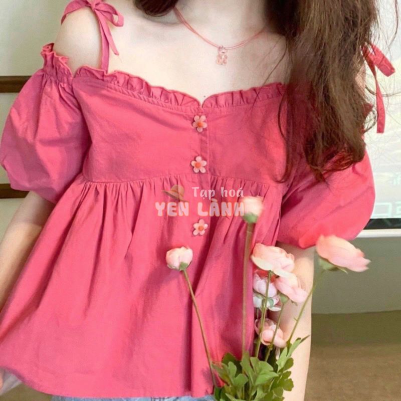 Áo Baby Doll Trễ Vai Form Rộng, Tay Bồng Thắt Nơ Cài Cúc Hoa Xinh Xắn