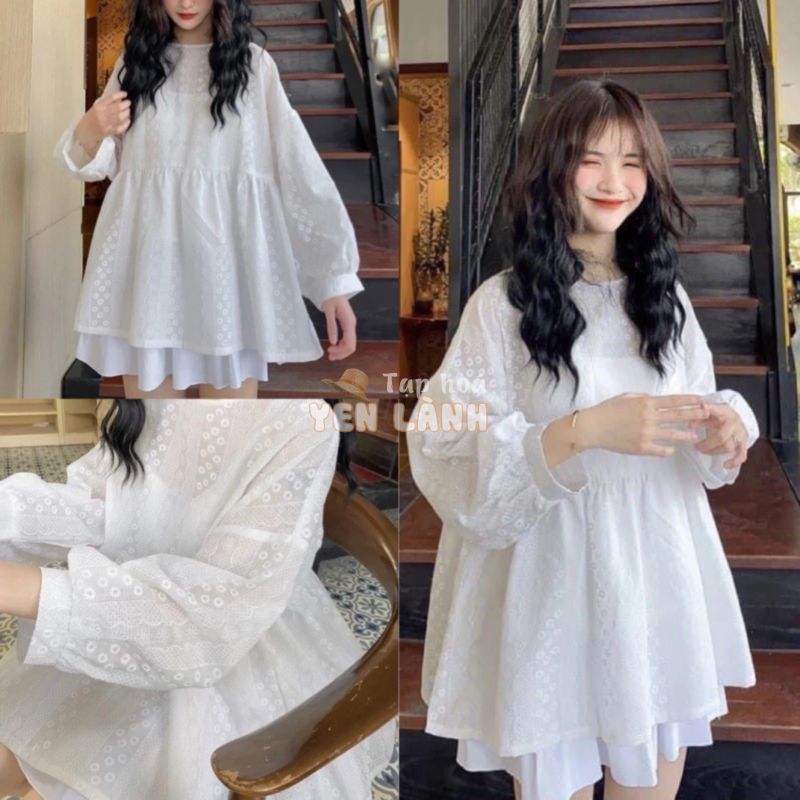 Áo babydoll nữ trắng hoa nhí tay phồng chất ren- áo tiểu thư from rộng phong cách hàn quốc