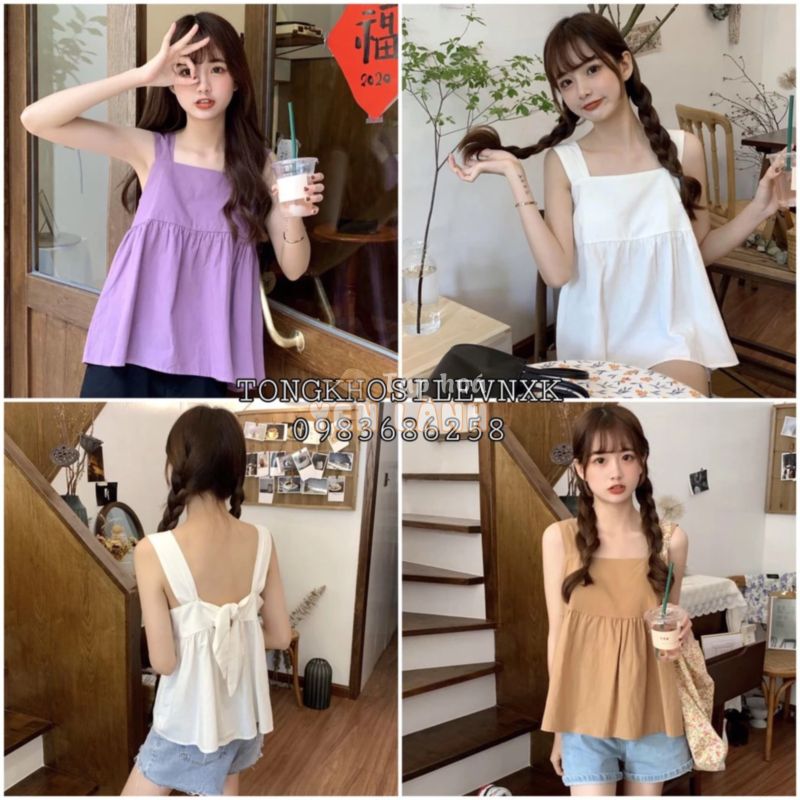 (ĐŨI L1) ÁO BABYDOLL 2 DÂY THẮT NƠ LƯNG TÍM BE TRẮNG ULZZANG – ÁO ĐŨI DÂY BẢN TO NƠ SAU