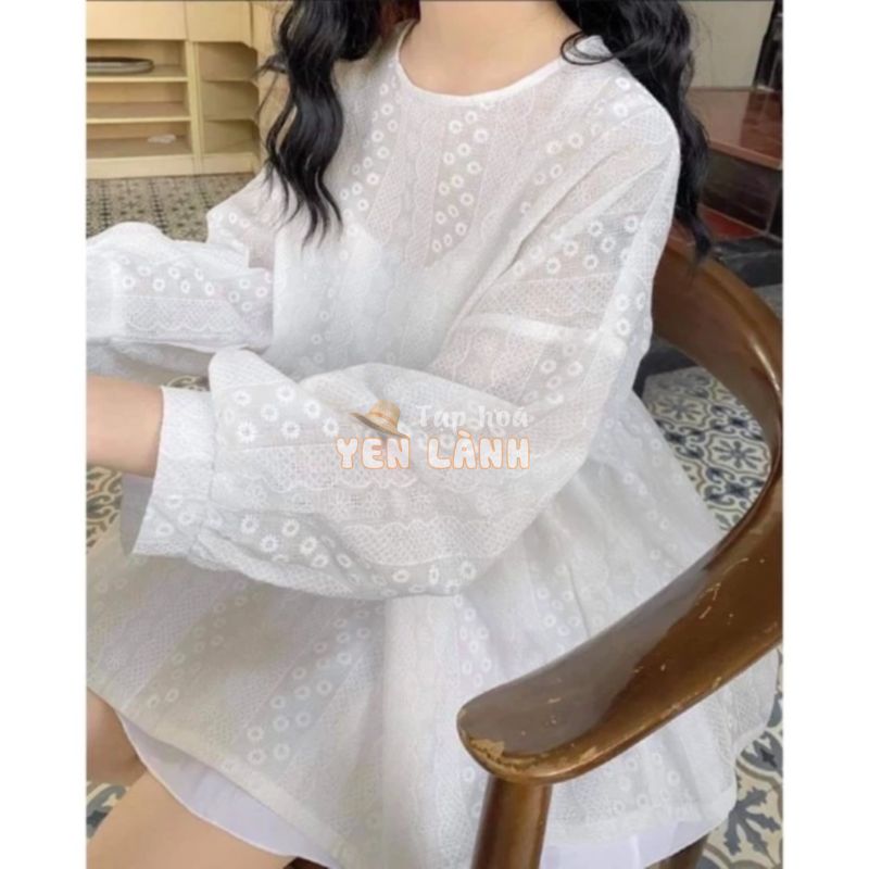 Áo Babydoll Hoa Nhí Nữ dáng xoè dài tay Sơ Mi Tay Bồng Hoa Nhí nổi màu trắng tiểu thư. MIALA