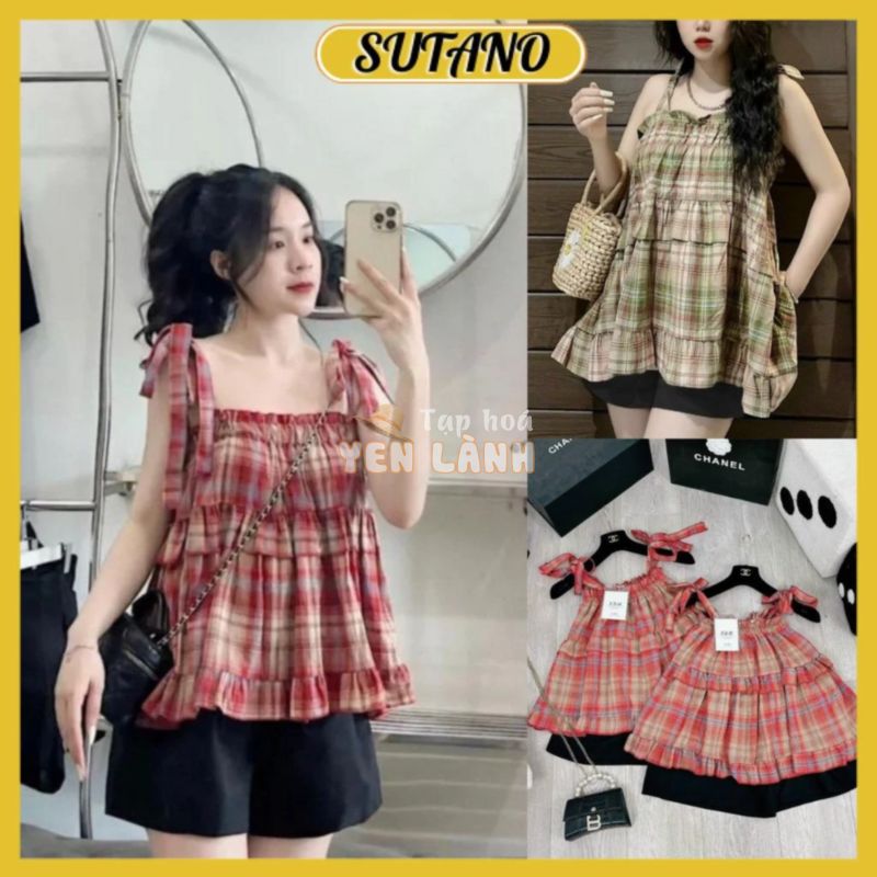 Set bộ đồ nữ áo babydoll kẻ caro buộc nơ vai bánh bèo phối quần short tacta cạp chun co giãn kiểu dáng hàn quốc