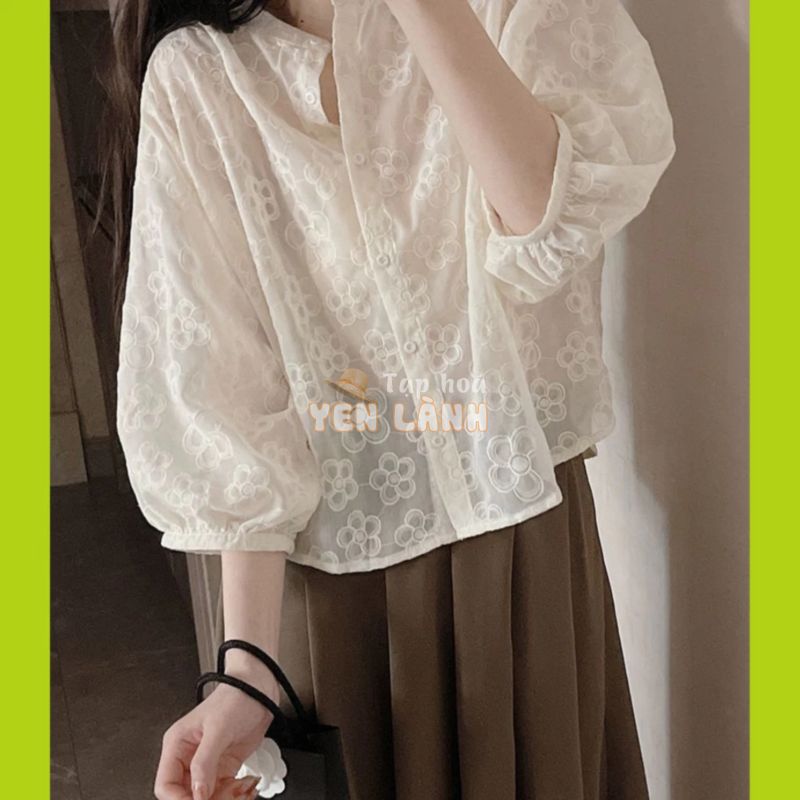 Áo sơ mi nữ cổ tàu thuê hoa phong cách vintage, Áo sơmi dáng babydoll tay lỡ phong cách Hàn Quốc