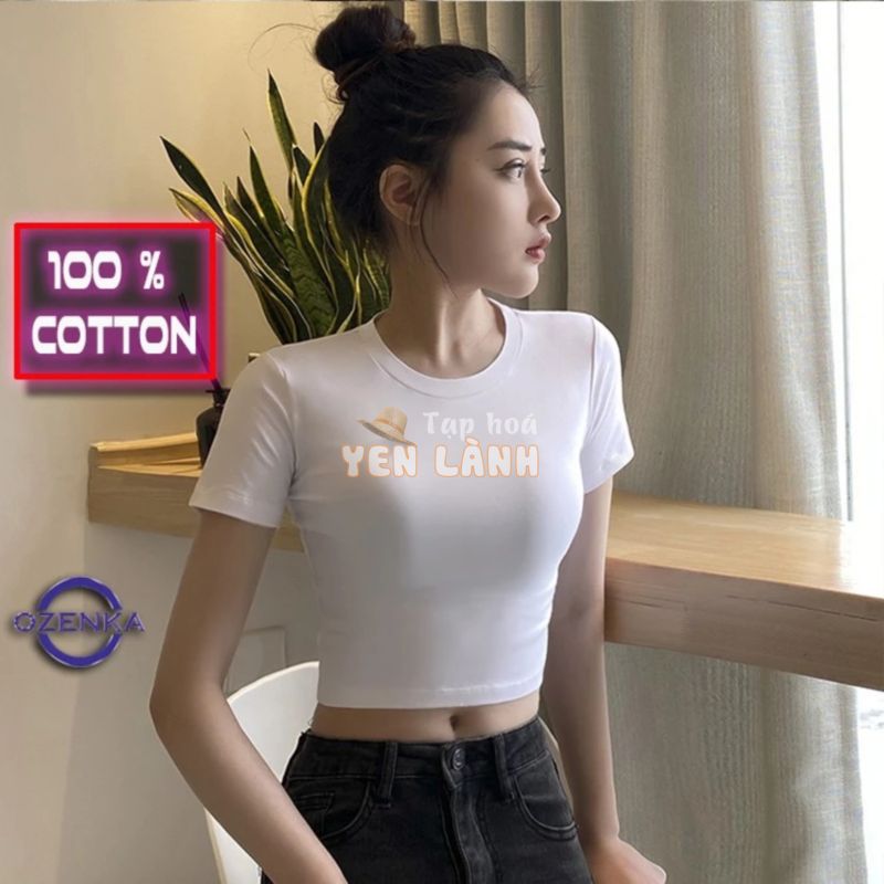 Áo croptop ôm nữ trắng đen 100% cotton OZENKA , áo crt thun gân body đẹp basic sang chảnh freesize dưới 55 kg