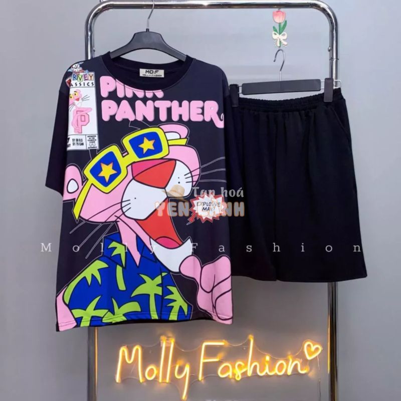 Set bộ đồ hoạt hình đồ nhóm đi biển ❤️Áo thun tay lỡ unisex BÁO HỒNG ĐE Quần short cartoon freesize Molly Fashion