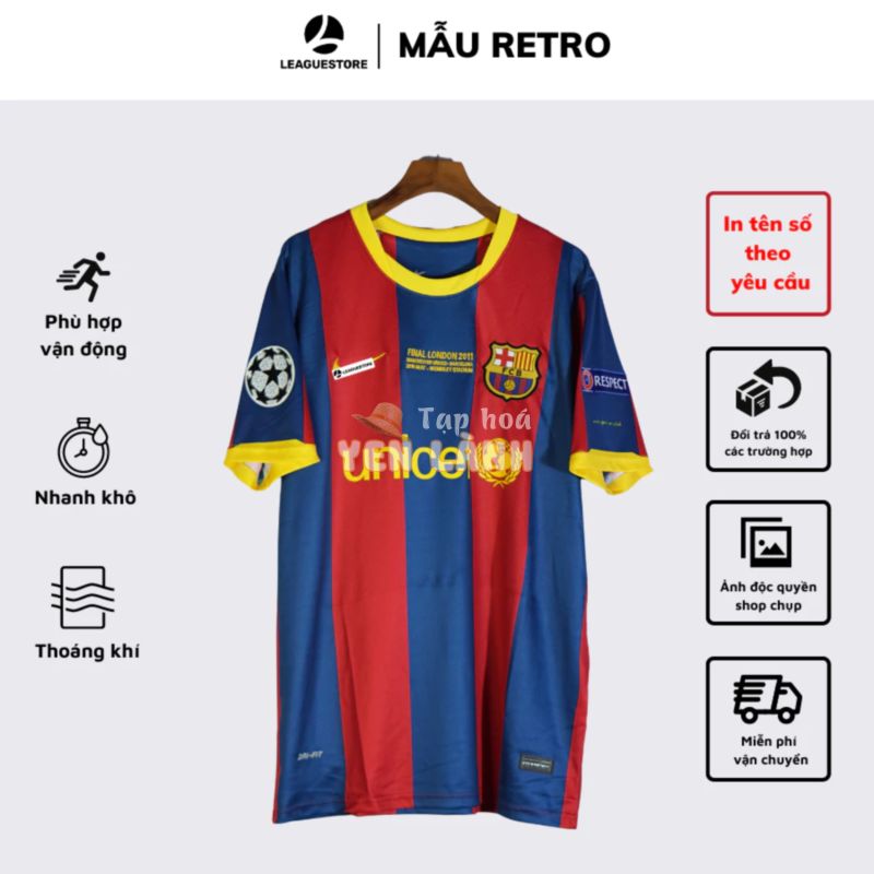 Bộ quần áo đá bóng Retro Barca 2010 LEAGUESTORE  – bộ thể thao màu đỏ xanh vải dệt mịn thoáng mát form âu