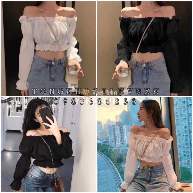 (loại mới) ÁO TRỄ VAI TIỂU THƯ CHUN BỒNG TAY DÀI VIỀN BÈO NHÚN ULZZANG – ÁO TRỄ VAI CROPTOP ĐEN TRẮNG