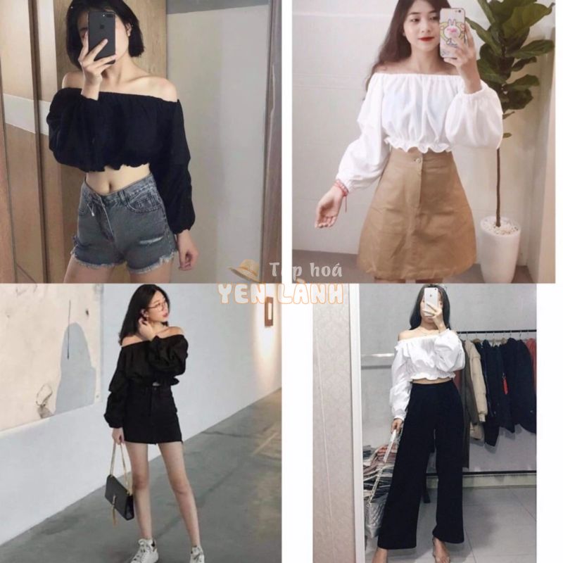 ÁO TRỄ VAI CROPTOP TAY DÀI BÈO NHÚNG ĐEN TRẮNG HOT