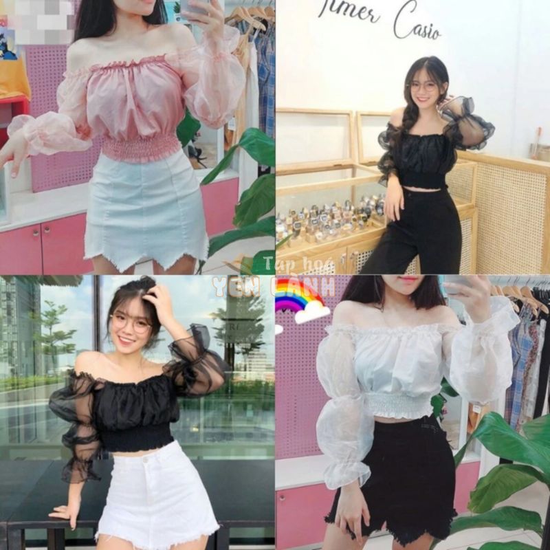 Áo kiểu trễ vai tay lưới phồng croptop (Kèm ảnh thật)