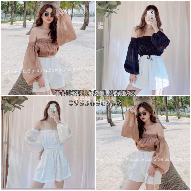 ÁO TRỄ VAI CROPTOP ORGANZA VOAN TƠ BE ĐEN TRẮNG – ÁO CROPTOP TRỄ VAI DÀI TAY GIẤY XƯỚC ULZZANG