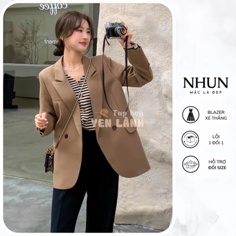 Áo blazer nữ dáng dài NhunFashion Áo vest nữ dài tay khoác ngoài thiết kế xẻ thẳng sau cúc viền túi nắp trẻ trung N131