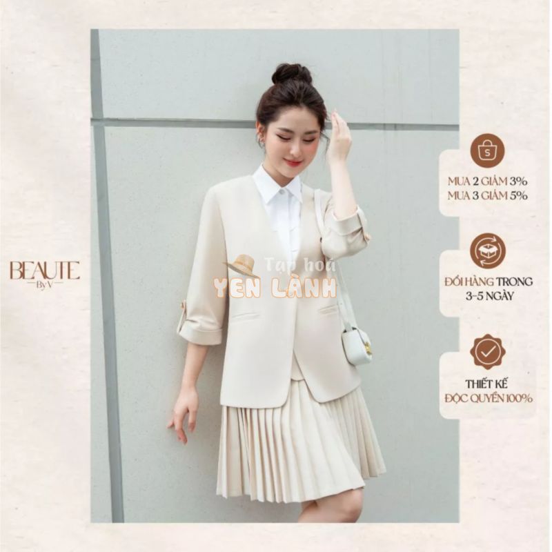 BEAUTEBYV – Áo blazer nữ không cổ tay nhún lửng Bruce