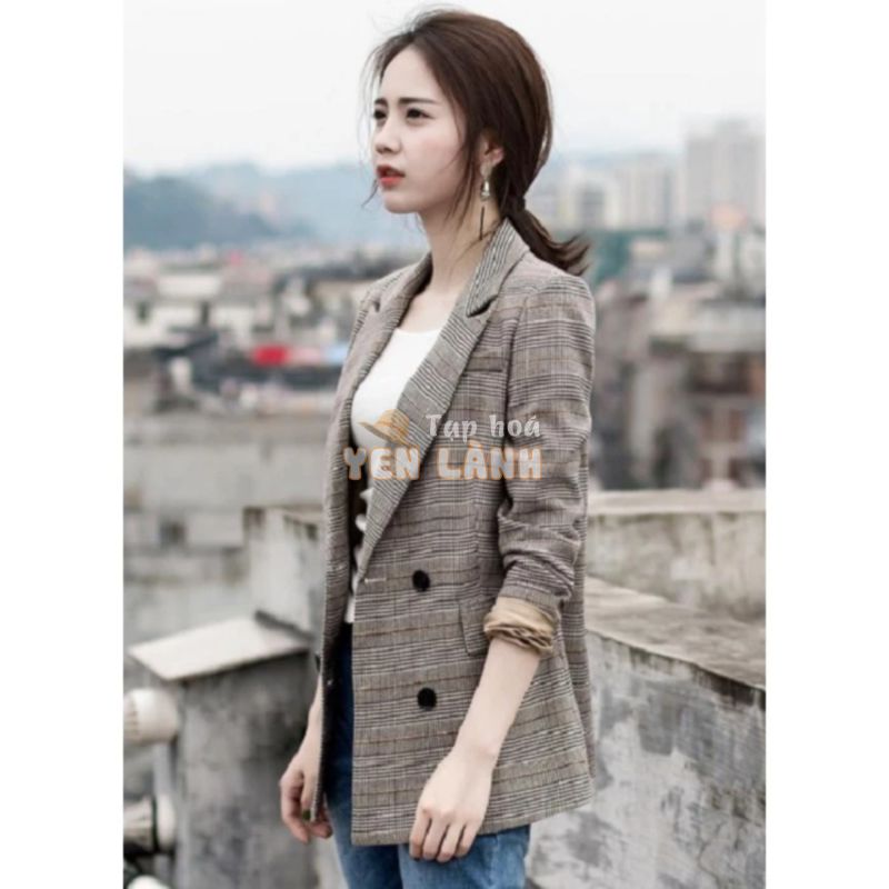 Áo vest blazer nữ kẻ caro linen dày dặn thời trang Hàn Quốc