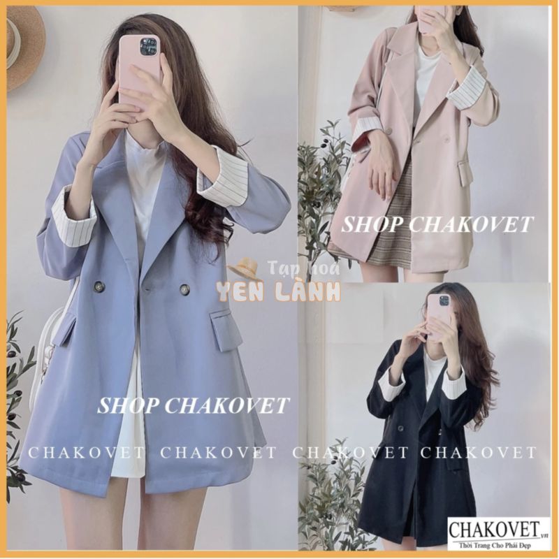 Áo khoác blazer nữ dài tay 1 lớp dầy dặn AB876, thiết kế áo cổ vest túi hộp 2 cúc giả gỗ tay pha kẻ sọc  Style Hàn Quốc