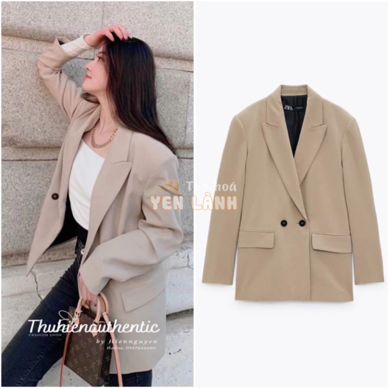 (AUTH SẴN S XS)Áo blazer ZARA 2753/232/711 màu be hai cúc lót đen không túi ngực(kèm ảnh thật)