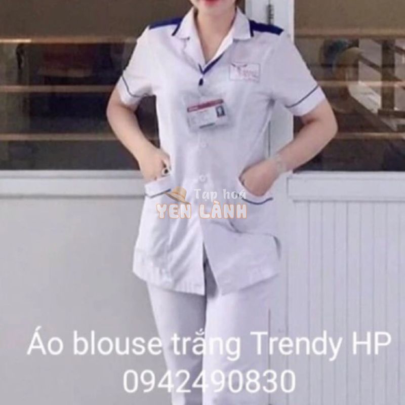 Áo blouse trắng điều dưỡng nam nữ có viền xanh và cầu vai – Áo blu điều dưỡng, y tá cho thực tập sinh