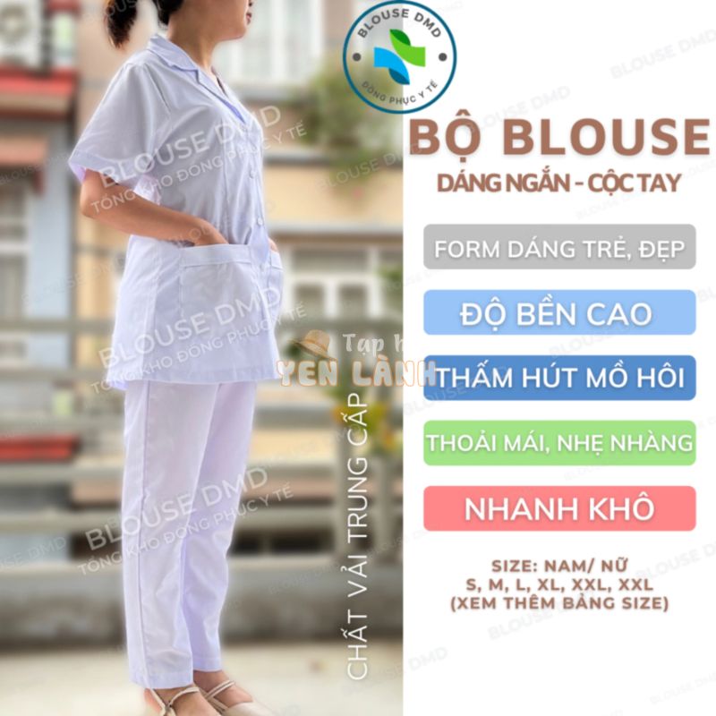 Bộ quần áo blouse trắng Cộc tay Nữ, Dáng ngắn ngang đùi cho Điều Dưỡng, Y tá, Dược Sĩ