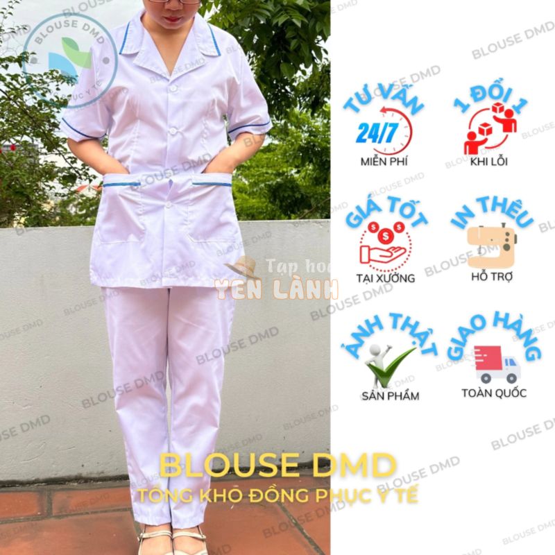 Bộ quần áo blouse trắng Điều dưỡng, Dược sĩ, Y tá, Thực tập sinh nam nữ cộc tay có viền xanh dương