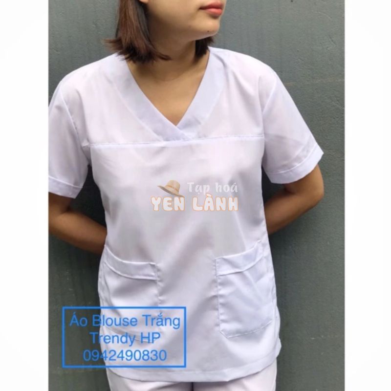 Áo blouse trắng cổ tim phẫu thuật nam nữ cộc tay – áo blu trắng bác sĩ, y tá, dược sĩ cổ tim nam nữ