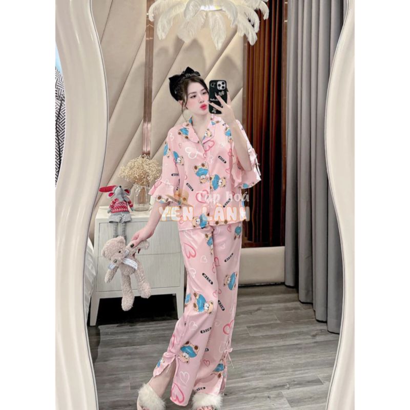 Bộ Pijama Áo Tay Lỡ Ống Loe Quần Dài Xẻ Tà Chất Lụa Mango Thiết Kế Chun’s Sleepwear, Bộ Mặc Nhà Cao Cấp