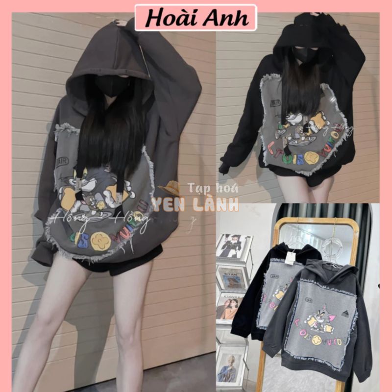 Áo Nỉ Thụng Có Mũ Tom Jerry Dài Tay Họa Tiết Đáp Nổi Bò Viền Áo Hoodie Nỉ Freesize Form Rộng