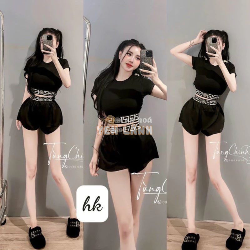 Set đồ bộ nữ áo croptop tay ngắn mix quần đùi bo viền đai kiểu xinh xắn dành cho các nàng đi chơi, đi dạo cực dễ thương.