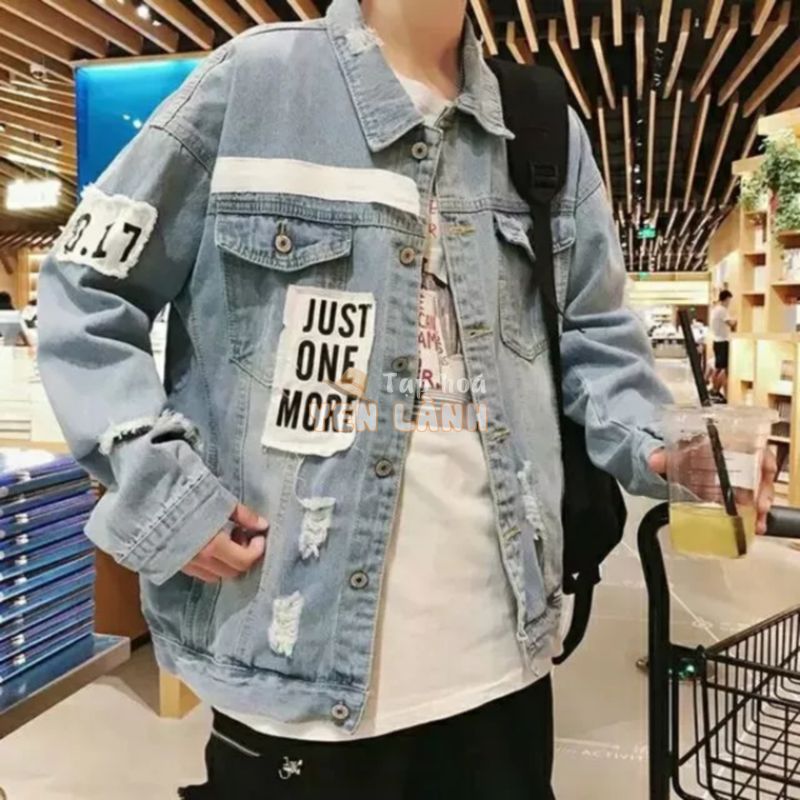 [ẢNH SHOP] Áo bò áo jean nam Just one more dáng rách oversize giá rẻ đẹp