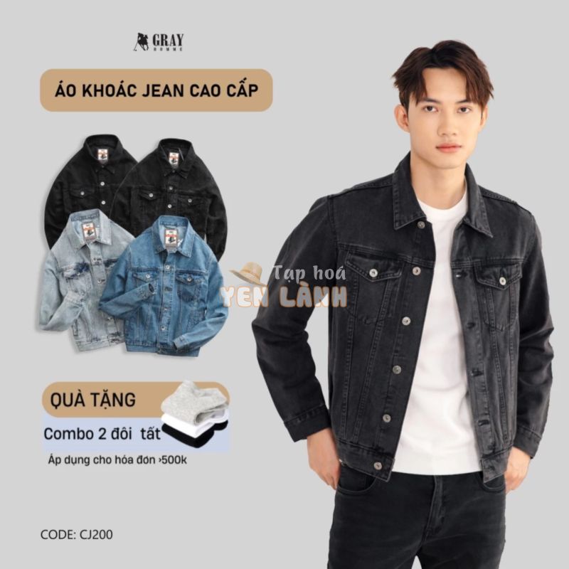 Áo Khoác Jean Nam Cao Cấp GRAYHOMME Chất Denim Bò Xịn, Chất Jean Dày Dặn