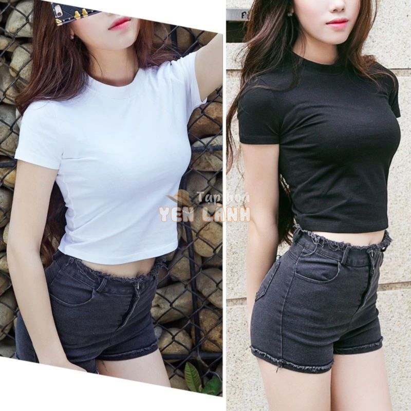 Áo croptop ôm body ngắn tay, áo thun croptop trơn cổ tròn dáng ôm