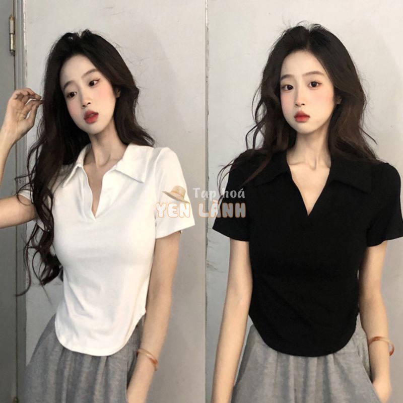 Áo polo vạt bầu croptop nữ ngắn tay tăm lạnh ôm body bo eo áo thun nữ kiểu trơn basic nhún eo LD355