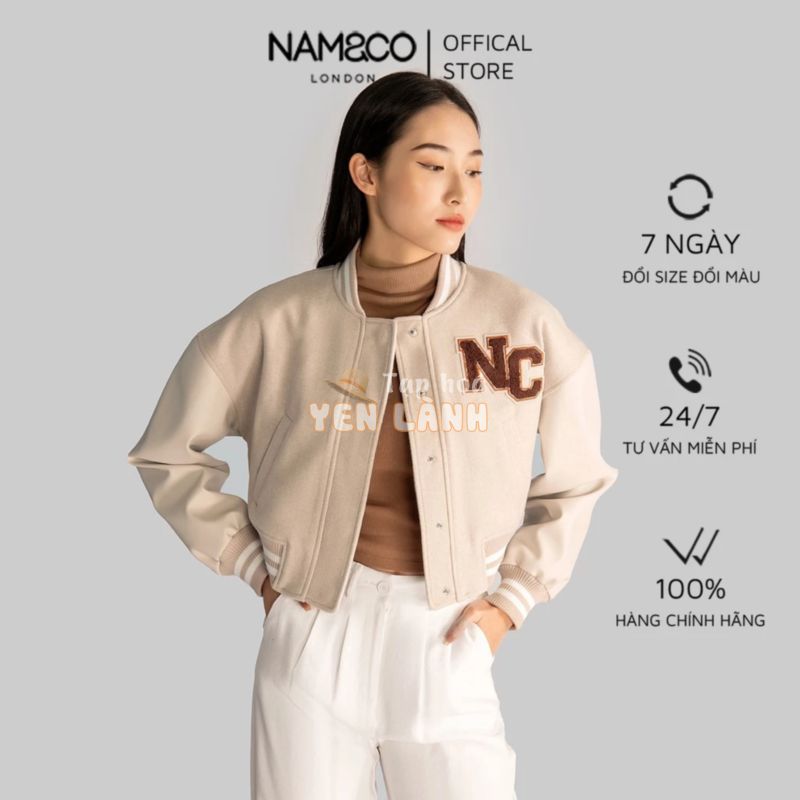 Áo khoác bomber nữ Namandco thiết kế vải dạ ép phối tay da cao cấp mềm mại trẻ trung size S,M,L màu beige J9829