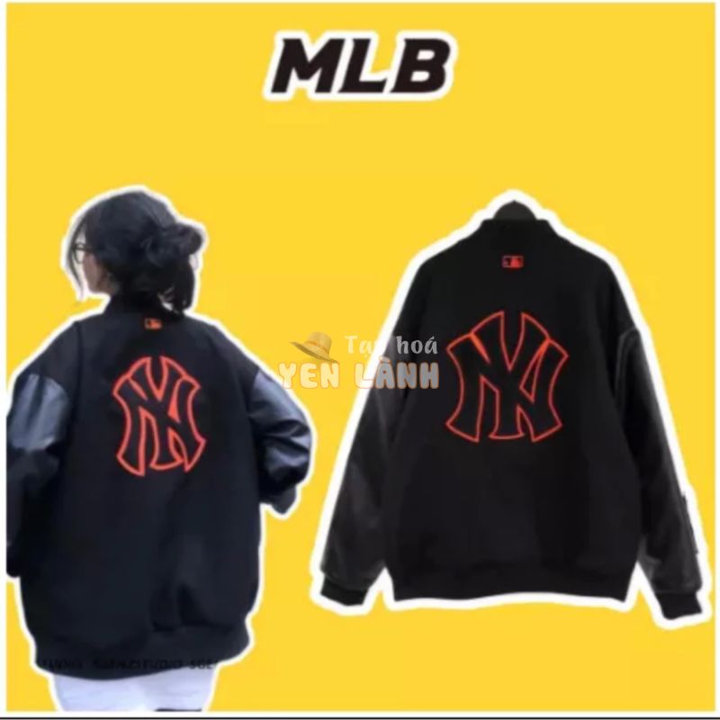 Áo khoác bomber MLB NY phối tay da chất dạ- Áo bomber nam nữ form chuẩn logo thêu cao cấp