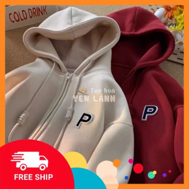 Áo Hoodie nữ zip unisex, khoác bomber nỉ bông Ulzzang thêu chữ P, mũ áo trùm đầu 2 lớp, thân 1 lớp