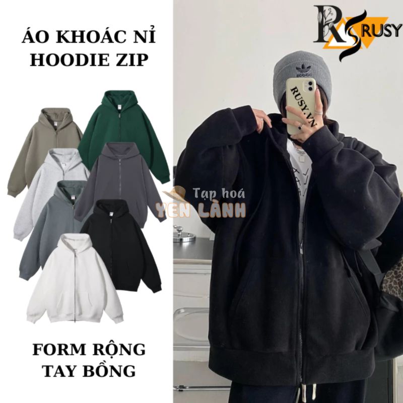 Áo khoác hoodie nỉ khoá zip tay phồng trơn unisex áo cặp cao cấp màu xanh rêu nón 2 lớp dày dặn tay bồng chất nỉ bông