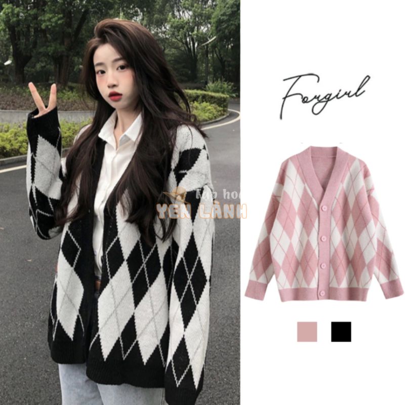 Áo khoác cardigan lông thỏ dáng rộng hoạ tiết kim cương áo khoác len phong cách Hàn Quốc FG017