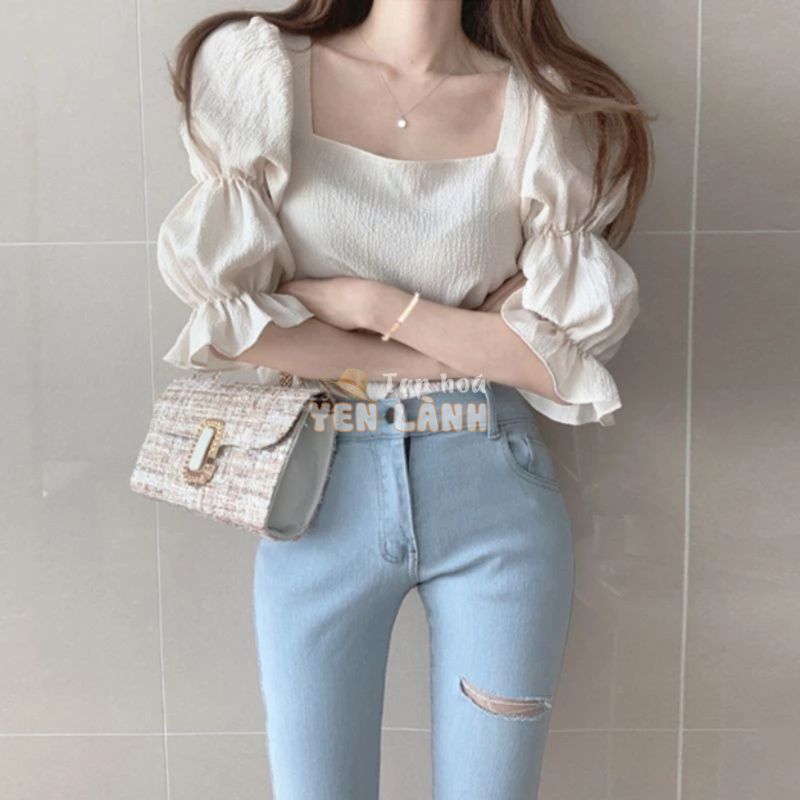 Áo Kiểu Chiffon Tay Phồng Cổ Vuông Phong Cách Retro Nữ Tính Ngọt Ngào