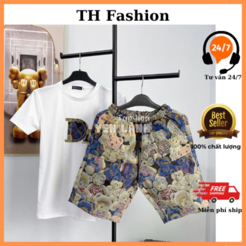 sét đồ bộ nam phối họa tiêt gấu(có bán lẻ) áo thun cotton cổ tròn co dãn 4 chiều phối quần vải bố trẻ trung