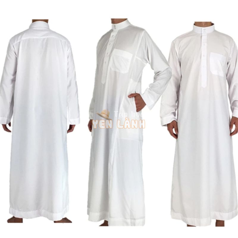 Quần áo nam hồi giáo dài tay màu trắng jubba thobe abaya dubai ả rập saudi ramadan truyền thống kurta eid áo choàng ả rập