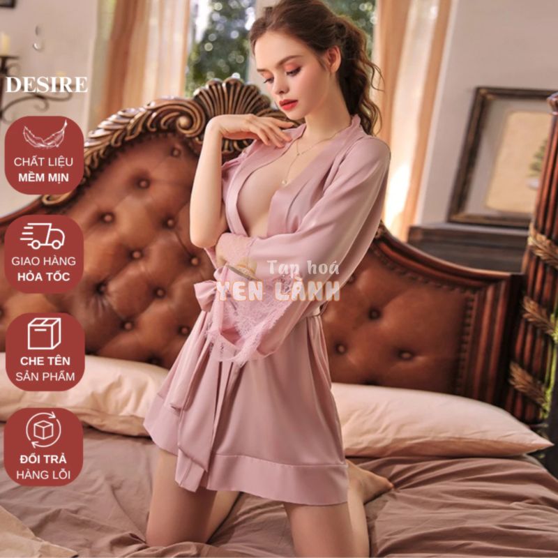 Áo choàng ngủ lụa tay phối ren choàng cô dâu Bride satin cao cấp VN-1001