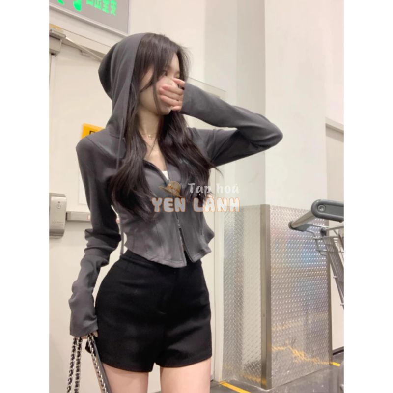 Áo Khoác Nữ Croptop Hoodie Zip 2 Chiều 100% Cotton form lửng có mũ chống nắng phong cách Hàn Quốc