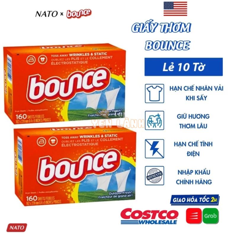 Giấy Thơm Quần Áo BOUNCE Nhập USA Chính Hãng Tách Lẻ 10 Tờ Mẫu Mới Nhất Thơm Mát Mềm Mại Chống Nhăn Chống Tĩnh Điện NATO